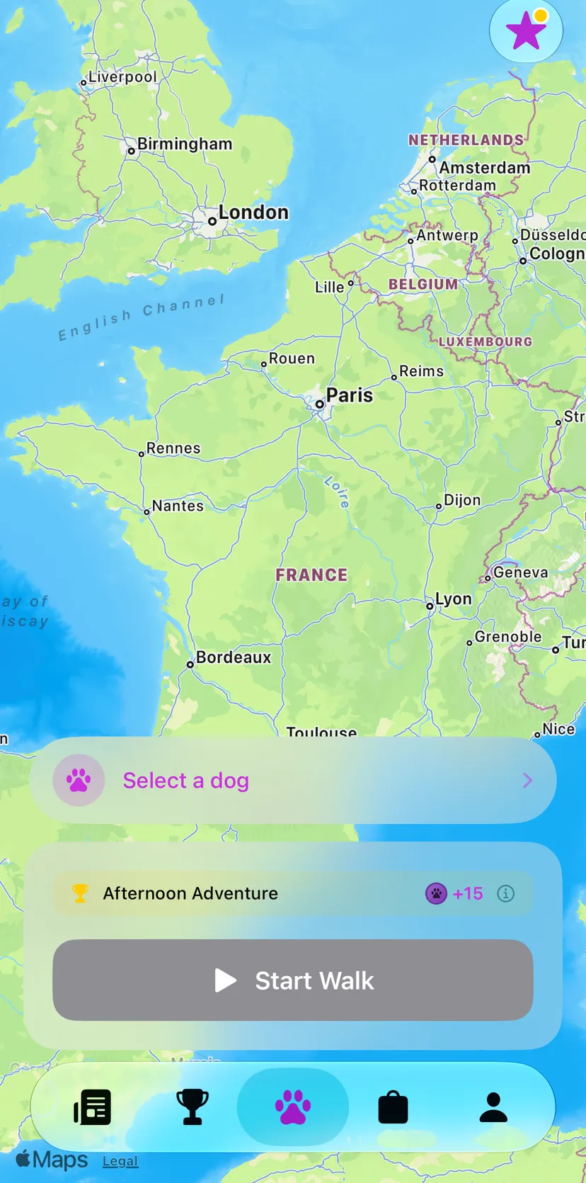 The Walky Doggy walk screen: a map with a "Select a dog" sheet and a Start Walk button